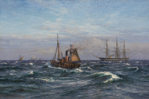 French steamship and a Danish frigate in the North Sea., 1907, Vilhelm Arnesen