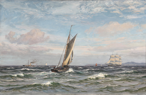 Seascpae from Gilleleje with sailing ships and a steamship., 1929, Vilhelm Arnesen