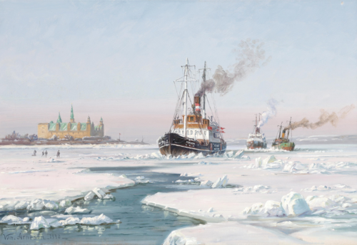 The icebreaker Mjølner leading steamships off Kronborg Castle. Winter 1940., 1940, Vilhelm Arnesen
