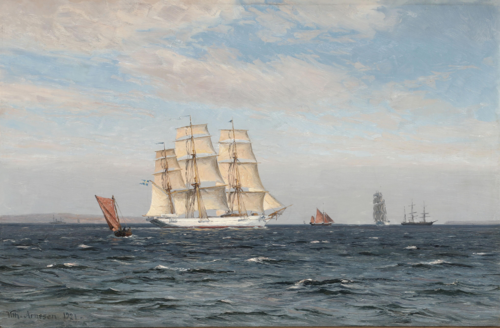 Seascape with a Swedish sailing ship., 1921, Vilhelm Arnesen
