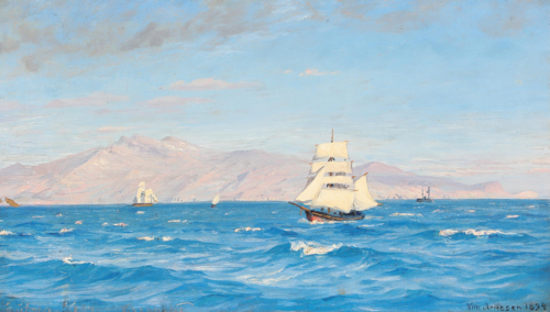 Coastal scenery with several sailing ships at the coast of Greece., 1894, Vilhelm Arnesen