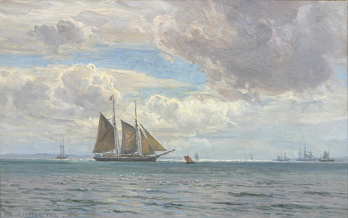 Numerous sailing ships in the Sound between Snekkersten and Helsingborg., 1922, Vilhelm Arnesen