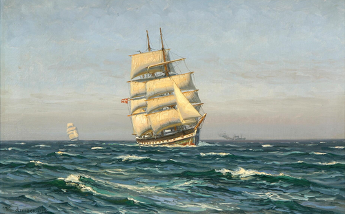 A Danish barque at sea., 1929, Vilhelm Arnesen