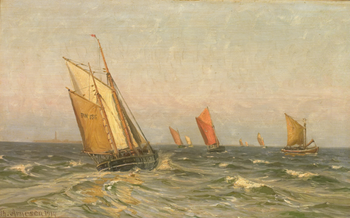 Fishing vessels heading out., 1914, Vilhelm Arnesen