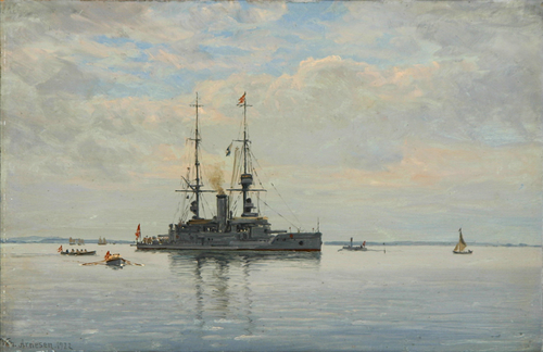 The Danish coastal defence ship Olfert Fischer on excercise., 1922, Vilhelm Arnesen