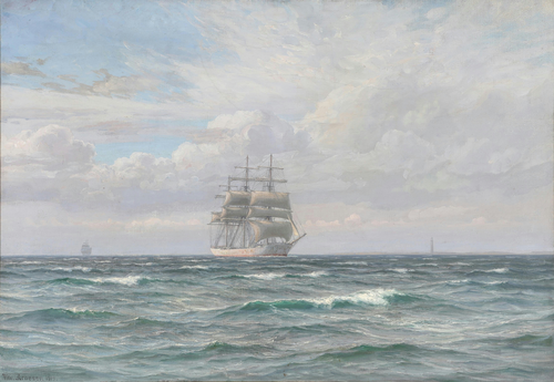 Seascape with a three-master on a calm ocean., 1919, Vilhelm Arnesen