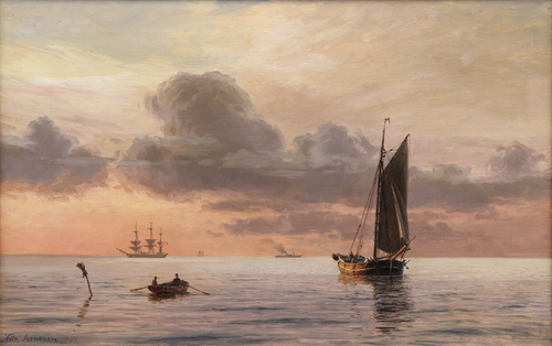 Seascape with ships at sunset., 1902, Vilhelm Arnesen