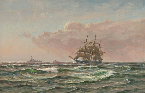 A sailing ship on choppy waves., 1915, Vilhelm Arnesen