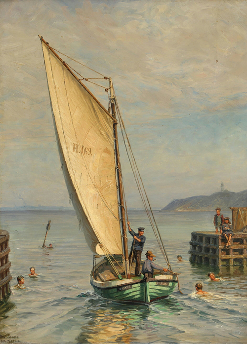 Bathers and a sailboat in Gilleleje Harbour., 1908, Vilhelm Arnesen