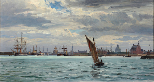 Seascape with sailing ships entering Copenhagen Harbour., 1900, Vilhelm Arnesen