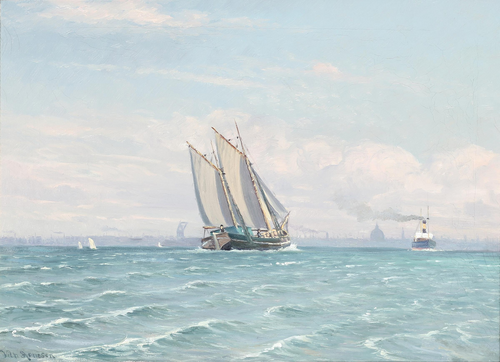 A seascape with a sailing ship and a steamer off the Harbour of Copenhagen., 1915, Vilhelm Arnesen
