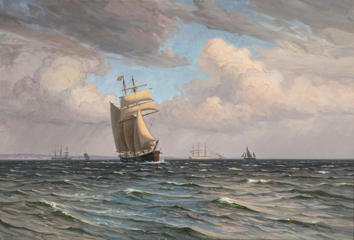 The sun breaks through the clouds over a sea with several ships., 1924, Vilhelm Arnesen