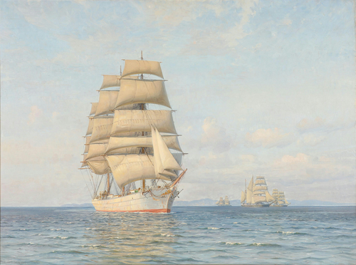 View from Øresund with the ship Valkyrien in the sun., 1917, Vilhelm Arnesen