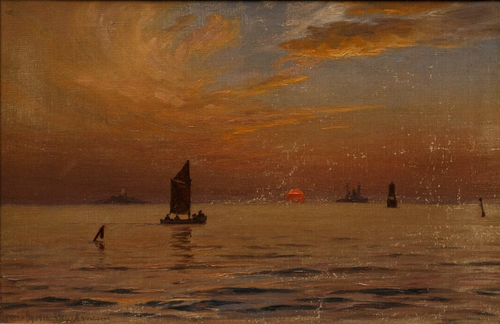 Seascape with sunset and ships on the horizon., 1916, Vilhelm Arnesen