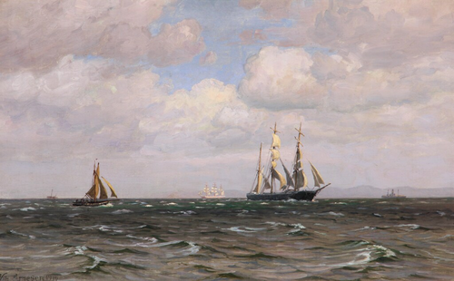 Sailing ships off a coast. 1917., 1917, Vilhelm Arnesen