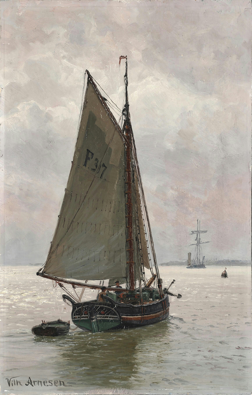 Seascape with a small sailing ship with a fixed dinghy., 1915, Vilhelm Arnesen
