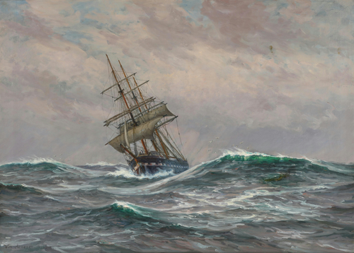Seascape with a Danish frigate in rough water., 1945, Vilhelm Arnesen