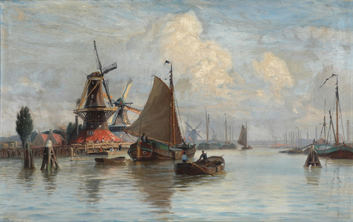 View from a Dutch harbour with ships and windmills., 1915, Vilhelm Arnesen