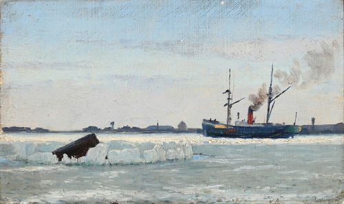 View from the entry of a harbour in winter time., 1915, Vilhelm Arnesen