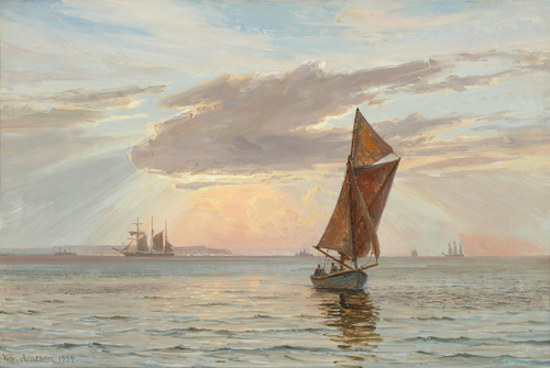 Seascape with sailing ships on The Sound and sun over Kullen in the distance., 1929, Vilhelm Arnesen