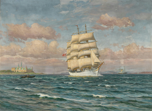 Seascape with the training ship Danmark., 1935, Vilhelm Arnesen