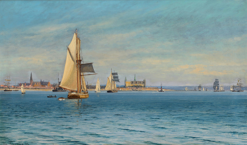 Sailing ships off Kronborg and Saint Olaf's Church in Helsingør., 1899, Vilhelm Arnesen