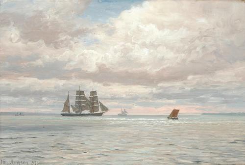 Seascape with a barque and other sailing ships by sunset., 1920, Vilhelm Arnesen