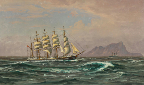 The training ship København passing Gibraltar., 1950, Vilhelm Arnesen