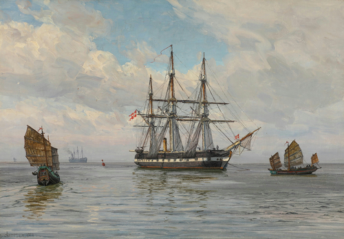 The Danish frigate Tordenskjold laying telegraph cables in Asian waters., 1918, Vilhelm Arnesen