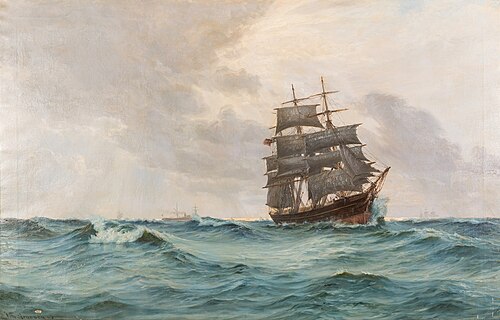 Seascape with a Danish bark on the open sea and sailing ships and a steamer in the background, 1889, Vilhelm Arnesen