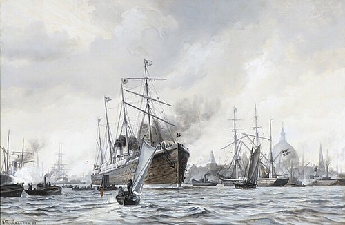 View from Copenhagen with the Ship Bound for USA is Leaving the Harbor, 1893, Vilhelm Arnesen