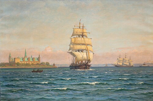 Sailing ships and a ferry off Kronborg., 1939, Vilhelm Arnesen