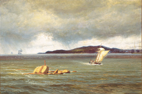 View of Kullen (Sweden) from the harbour of Elsinore, Denmark., 1890, Vilhelm Arnesen