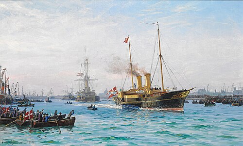 Prince Carl and Princess Maud of Denmark leaving Copenhagen for Oslo on the Danish Royal Yacht as Ki, 1905, Vilhelm Arnesen