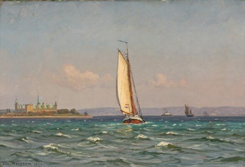 Seascape with a Dutch cuf off the coast of Kronborg Castle, 1929, Vilhelm Arnesen