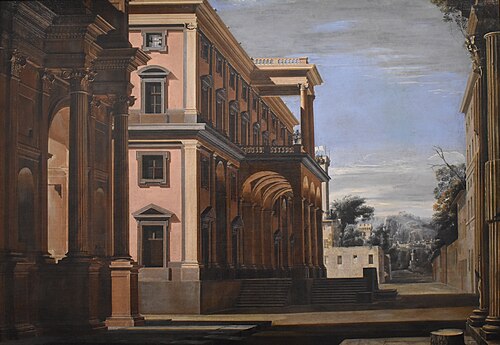 Vue perspective de l'extérieur d'un palais, 1700, Viviano Codazzi