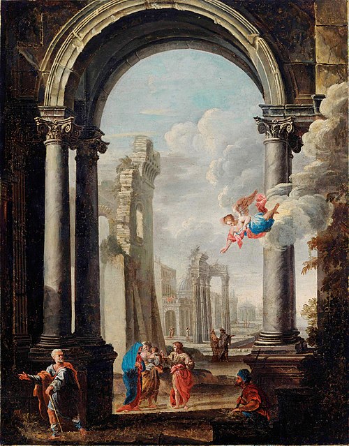 architectural capriccio with the Holy Family, 1650, Viviano Codazzi