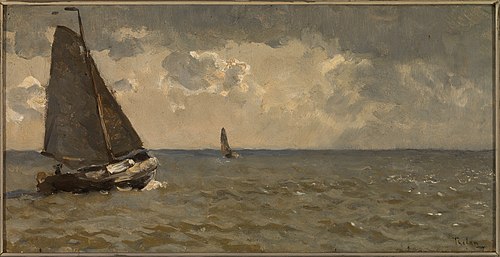 Botter op zee (buïig weer)., 1907, Willem Bastiaan Tholen