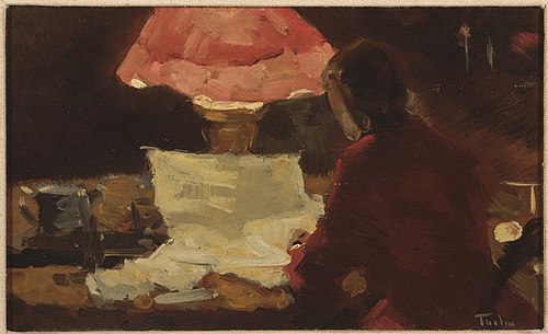 Interieurstudie (Ewijkshoeve, vrouw lezend bij een lamp)., 1890, Willem Bastiaan Tholen