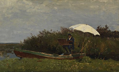 The painter Gabriël working in a boat, 1882, Willem Bastiaan Tholen