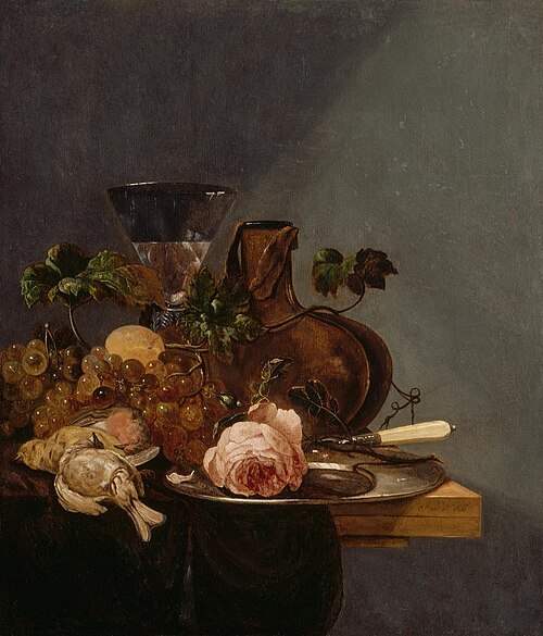 Stillleben mit Trauben, toten Vögeln und Weinglas auf Holztisch, 1664, Roelof van Vries