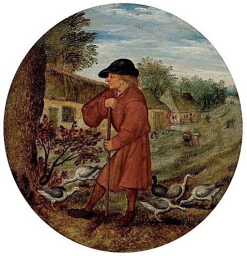 The Goose Herder: Who knows why the geese go barefoot?, 1608, Pieter Brueghel le Jeune