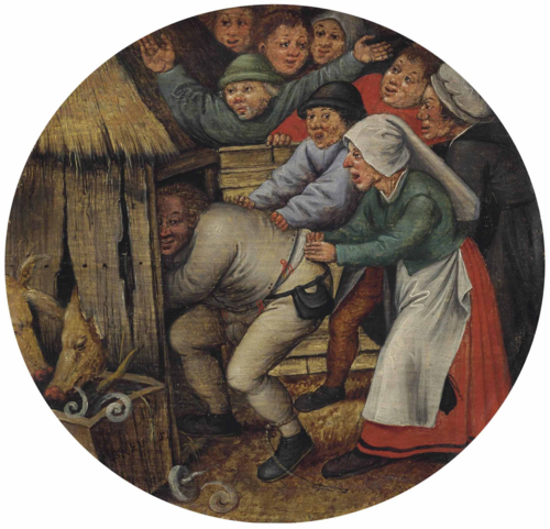 L'Ivrogne poussé dans la bauge aux pourceaux, 1638, Pieter Brueghel le Jeune