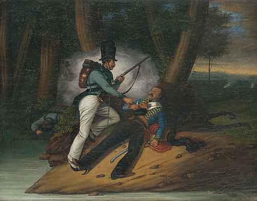 Bojový výjav (podľa obrazu Smrť generála Valhuberta počas bitky pri Slavkove), 1850, Pierre Peyron
