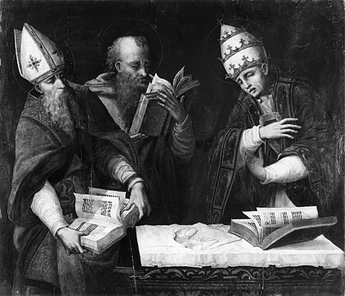 Saints Augustine, Jerome and Gregory the Great, 1550, Marco Calabrese