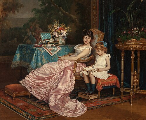 A mother and daughter reading, 1882, Auguste Toulmouche