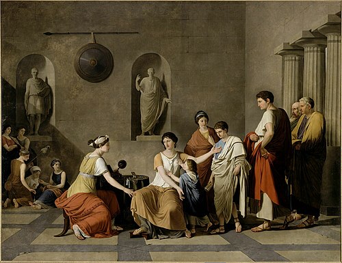 Cornélie, mère des Gracques, montre ses enfants, en disant: "Voici mes richesses et mes bijoux", 1795, Joseph-Benoît Suvée