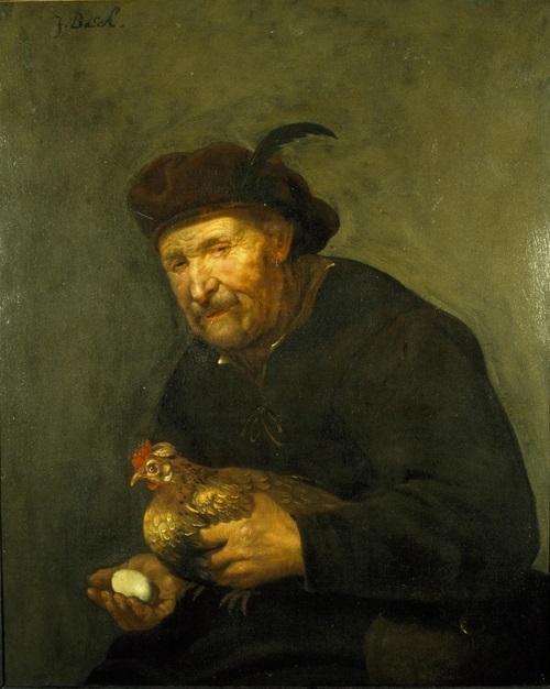 Vrouw met haan en Oude man met hen, 1654, Johannes Baeck