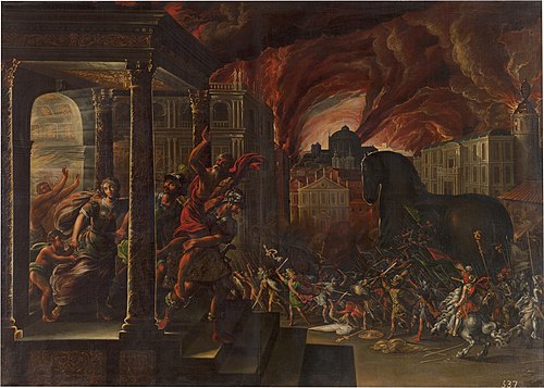 Aeneas and his family fleeing the burning city of Troy, with the Trojan horse in the background, 1601, Juan de la Corte
