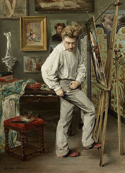 Self-portrait in his atelier, 1892, Edmond Van Hove